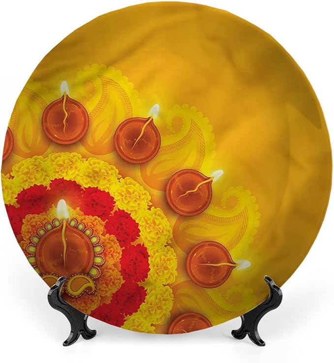 Decorative Plates, Diwali Print Ornament, Flowers Diwali Festive, 10 Inch, 1 Plate with 1 Display Stand, Multicolor