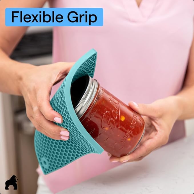 GORILLA GRIP BPA-Free Soft Silicone Oven Mitts and Pot Holders Sets, Heat Resistant Waterproof Cooking Gloves, Thick Cotton Lining, Flexible Gripping for Baking Grilling, Kitchen Trivets, Turquoise