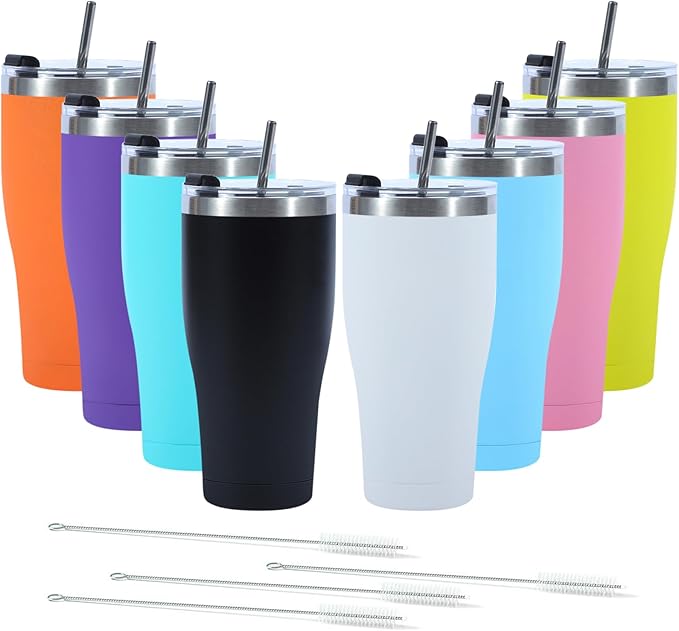 8 Pack Travel Coffee Tumbler 30 oz, Stainless Steel Mug with Lid and Straw, Insulated Cup for Water, Tea, Hot and Cold Drinks (Mixed color)