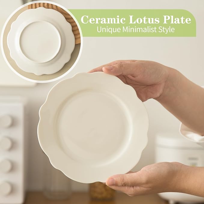 TAMAYKIM 7.5 Inch Porcelain Dessert Plates, Set of 12 - White Lotus Shape with Wavy Rim - Stackable Salad, Bread, Appetizer Serving Dishes, Scratch Resistant, Microwave Oven & Dishwasher Safe