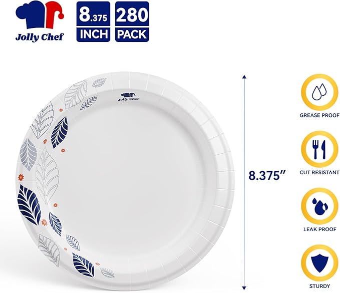 JOLLY CHEF 280 Count Paper Plates 8 inch Soak Proof, Cut Proof, Heavy Duty Leaf Printed Disposable Paper Plates for Everyday Use