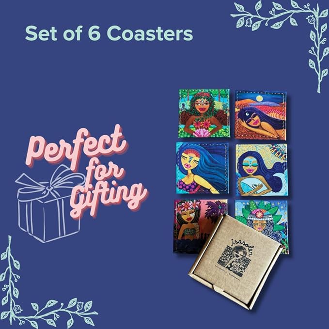Square Coasters Set of 6, Drink Coaster Made in Chile with Colorful Design and Premium Materials, Beautiful Decor for Your Kitchen - Mujeres Naturales