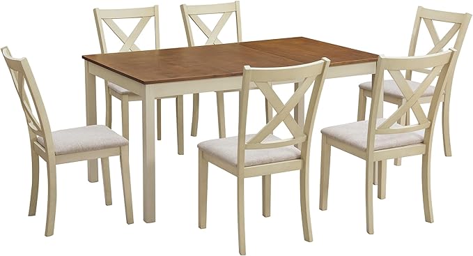 AMERLIFE 7-Piece Farmhouse Solid Wood Dining Table Set with 6 Upholstered Chairs, 60" Space Saving Dinner Table & Chairs Set, for Dining Room, Kitchen, Restaurant, Rustic Cream