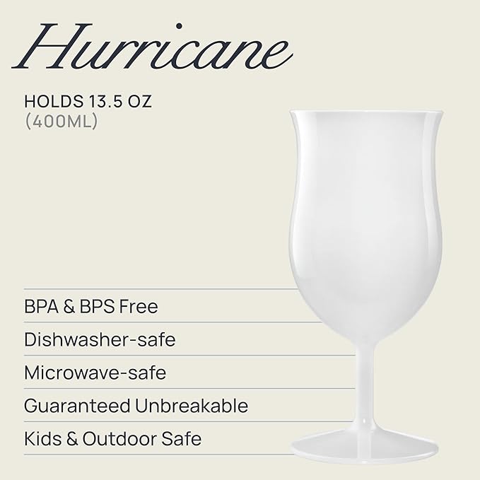 DRINIQUE 13oz Unbreakable Hurricane Cocktail Glass (Set of 4) Shatterproof Tropical Tritan Plastic Cup - White