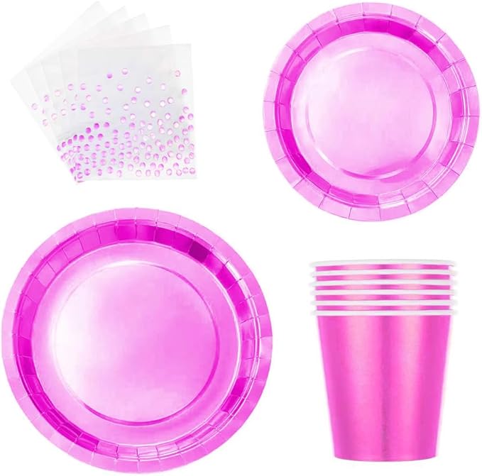 Iridescent Pink Party Supplies, Holographic Paper Plates and Napkins Set, Rainbow Disposable Paper Plates Cups Knives Spoons Fork Straw for Birthday Wedding Party Serve 25 (Pink)