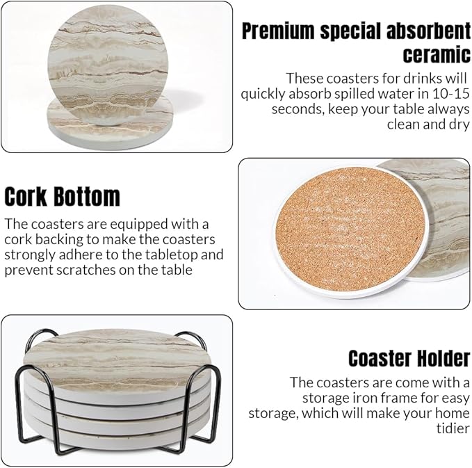 Ceramic Coasters Set of 6, Marble-Textured Design with Holder - Absorbent Cork-Backed Coasters for Cups, Bar & Coffee Table Decor Accessories (Khaki Marble, 4 Pack)