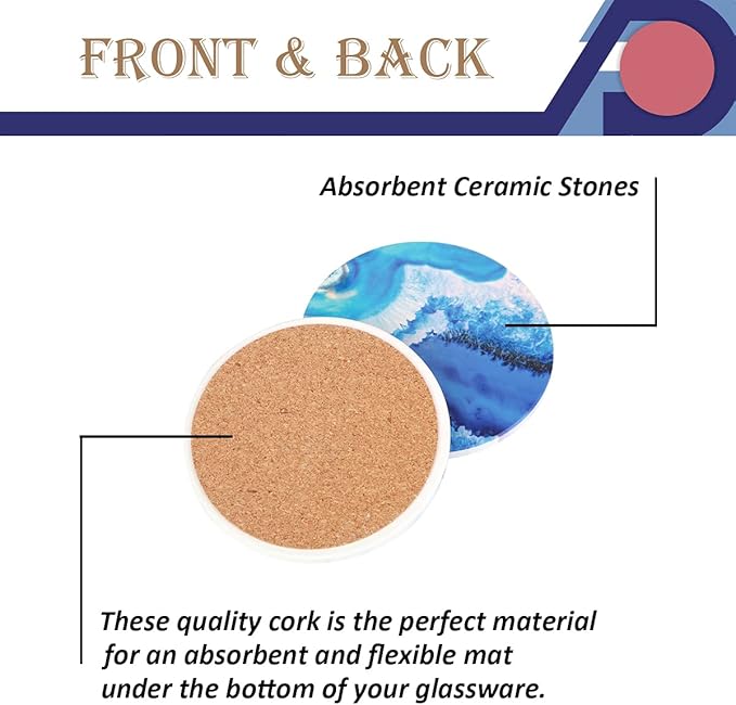 4-Piece Round Absorbent Ceramic Coaster Set with Cork Base – Durable Drink Coasters for Mugs, Cups, and Tabletop Protection (Azulejos)