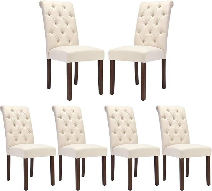 COLAMY Tufted Dining Chairs Set of 6, Accent Parsons Diner Chair Upholstered Fabric Stylish Kitchen Chairs with Solid Wood Legs, Beige