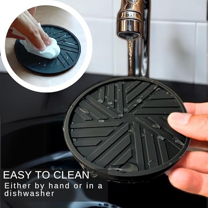 Black Silicone Coasters Set of 6 with Gold Holder - Smart and Modern Design That Holds Your Drink’s condensations, Protecting Your Coffee Table, Perfect Decor for Home, Office, bar