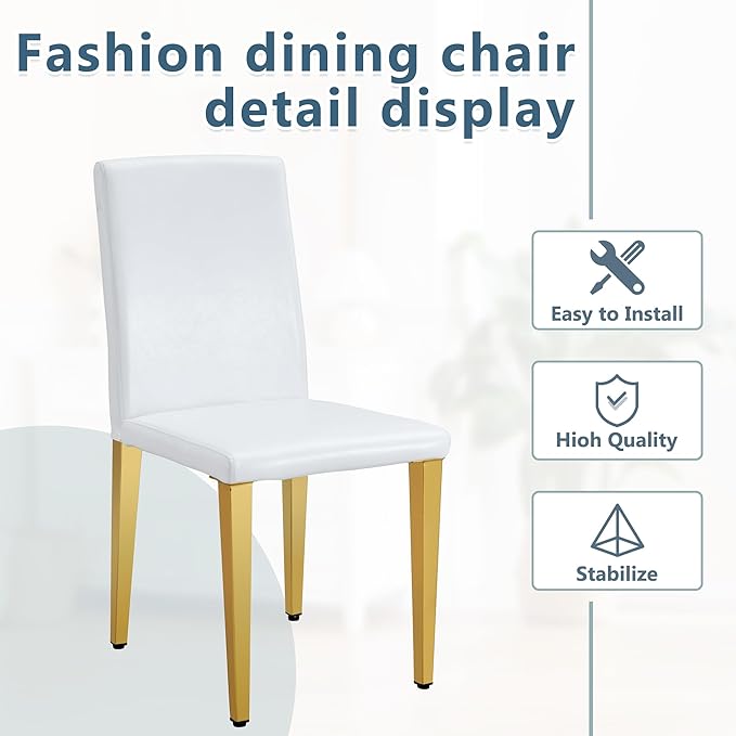 White Dining Chairs Set of 4,Faux Leather with Gold Metal Legs,Armless Kitchen Room Chairs Set of 4,Max Load 300 Lbs,High Back Modern Design for Home Kitchen Living Room Bedroom