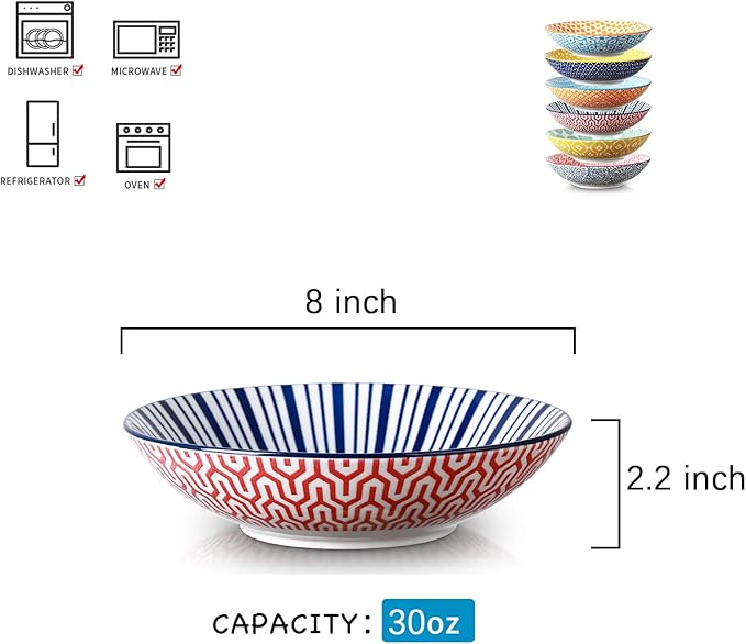Selamica Ceramic 30oz Large Pasta Salad Bowls 8 Inch Wide and Shallow Soup Bowls, Stackable, Microwave and Oven Safe, Set Of 6, Assorted Colors
