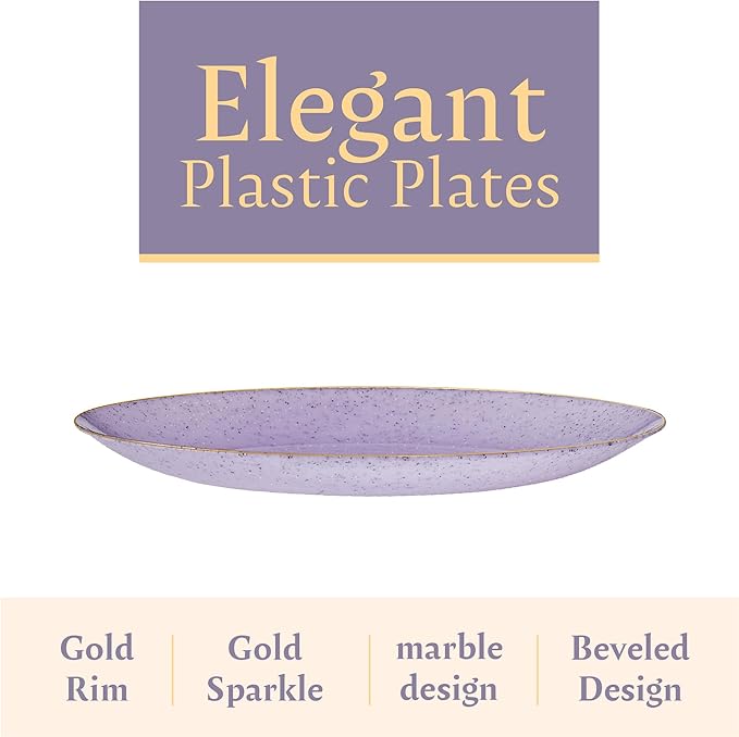 PLASTICPRO 30 Pack Disposable Plastic Plates Heavyweight Granite Look Elegant 9 inch Dinner Plates Purple with Gold Rim