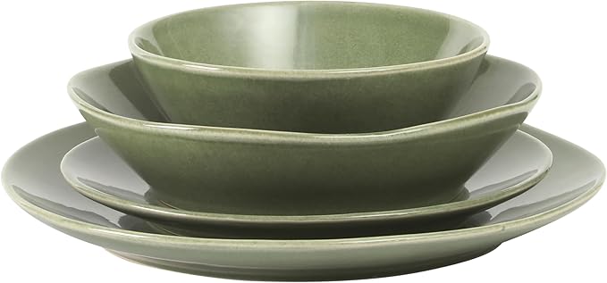 Bloomhouse - Two Time Oprah's Favorite Things Winner - Montecito Breeze 16 Piece (Service for 4) Double Plates and Bowls Stoneware Reactive Glaze Dinnerware Set - Cyprus Green