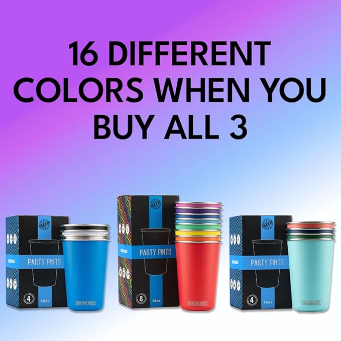 Real Deal Steel Rainbow Cups 16 oz Pint Cups, Stackable Tumblerrs, Eco Friendly Premium Metal Drinking Glasses