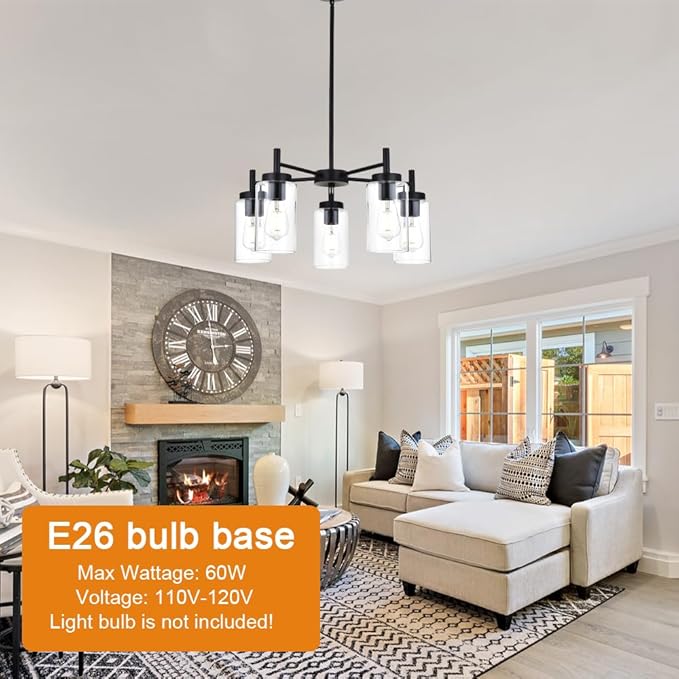 VINLUZ 5 Light Contemporary Chandeliers Black Modern Lighting Fixtures Hanging,Industrial Vintage Pendant Lights with Clear Glass Shade Flush Mount Ceiling Light for Dining Room Bedroom