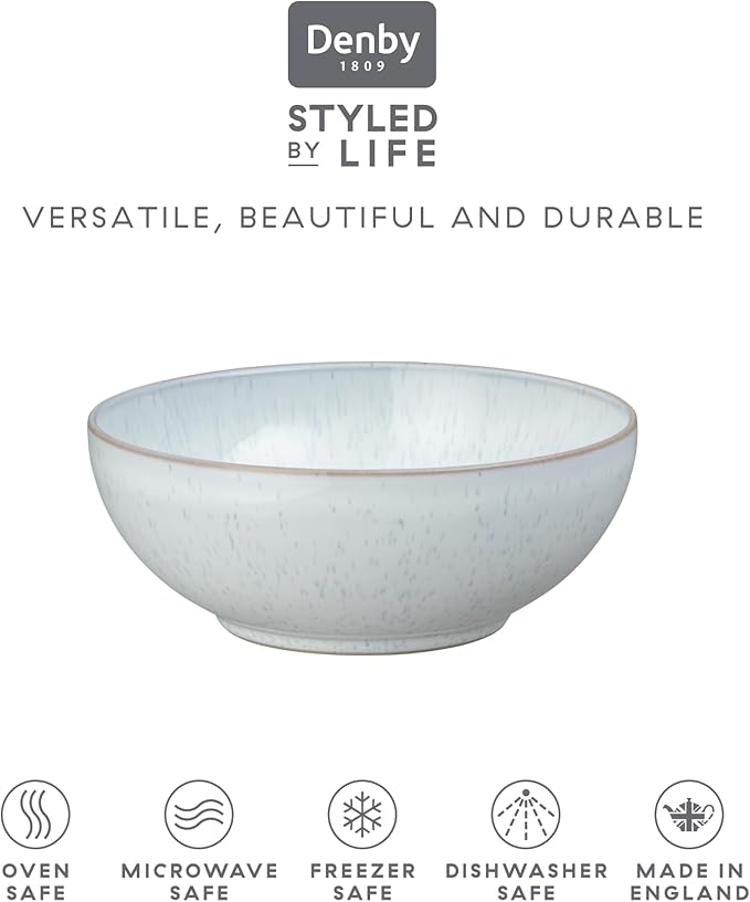 Denby - White Speckle Cereal Bowls Set of 6-27.7oz Dishwasher Microwave Safe - Scratch Chip Resistant - Reactive White Glaze, Neutral, Ceramic Stoneware - Tableware for Oats, Cereal, Desserts
