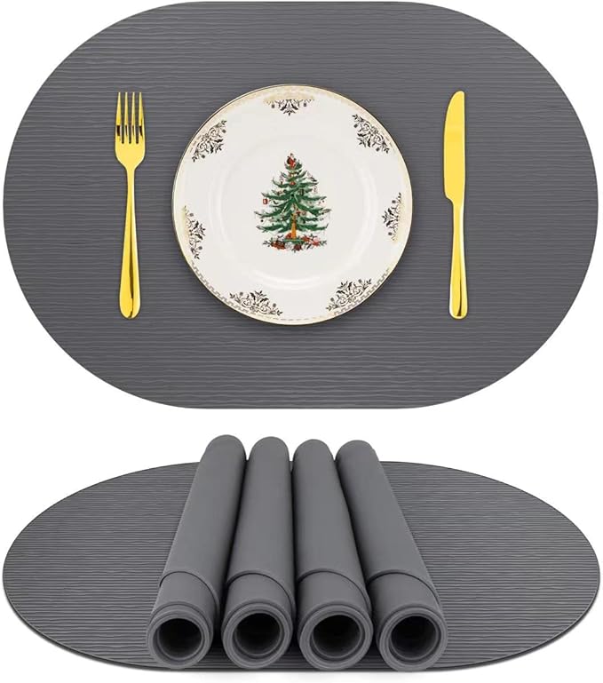 Silicone Placemats, Oval Placemats for Dining Table, Placemats Set of 4, Non-Slip Waterproof Heat Resistant Outdoor Table Mat for Patio Table (Dark Gray-Oval)