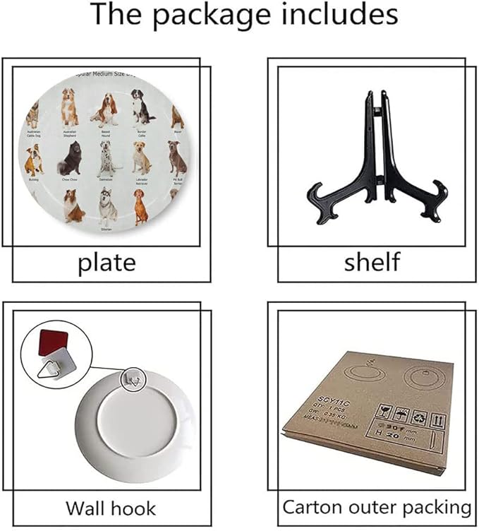 Ceramic Plates, Dog Decorative Ceramic Plates, AGroup of Different Puppy Breeds Family Type Species, 6 Inch, for Dining, Parties, Wedding, Multi