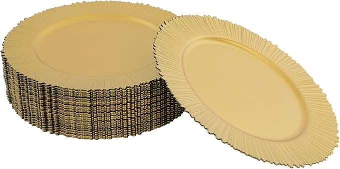 Charger Plates, 100pcs Floral Gold 13inch Plastic Dinner Plate, Round Plastic Dinner Plate with Delicate Texture for Parties Wedding (Floral Gold)