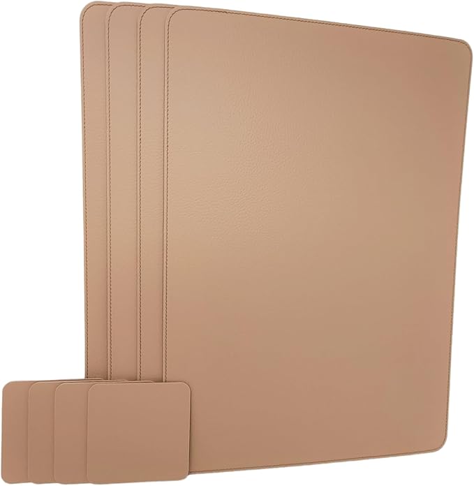 Nikalaz Set of 4 Placemats and 4 Coasters Made of Recycled Leather (15.75''x11.81'', Light Camel)