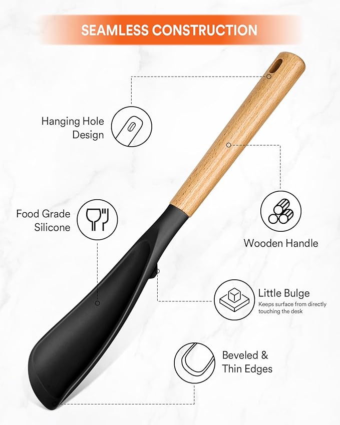 Cooking Spoon for Nonstick Cookwares, Great for Cooking and Serving Sturdy BPA-Free Matte Silicone, Wood Handle Spoon for Mixing, Scoop, and Scrape (Black & Red, 13.4 inch)