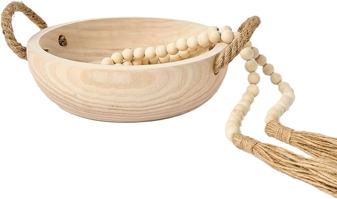 OMISHE Paulownia Wood Bowl, Decorative Bowl for Home Decor, Natural Handmade Dough Wooden Bowl, Rustic Round Serving Bowl with Rope Handle and Wood Bead Garland for Tabletop Centerpiece Decor