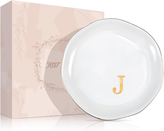 ProCase Ceramic Jewelry Tray, Initial Ring Dish Trinket Plate Engagement Gift, Small Personalized Monogram Ring Bowl for Wedding, White Decorative Jewelry Holder for Women Vanity -Letter J