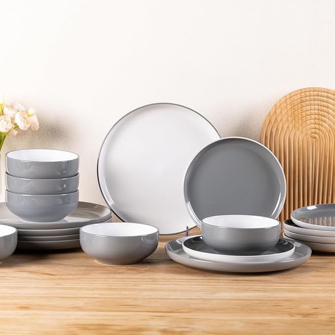 GBHOME 12 Pieces Ceramic Dinnerware Set, Modern White Dish Set for 4，Scratch Resistant Smooth Plates and Bowls Sets，Oven Safe，Microwave & Dishwasher