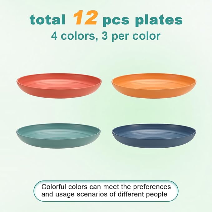 12 Pcs Unbreakable Deep Dessert Plates Set, 8 inch Reusable Plastic Wheat Straw Plates, Microwave and Dishwasher Safe Plate for Kitchen, Lightweight Plate for Dessert, BPA Free, 4 Colors