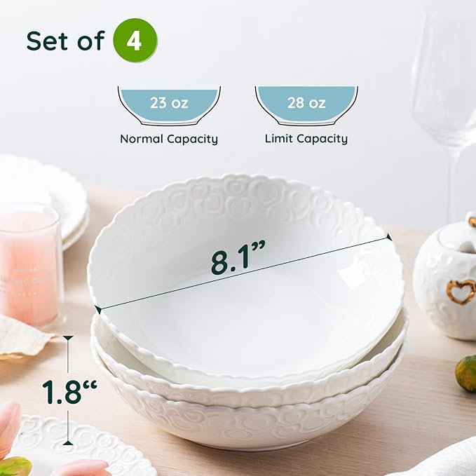 HOMBENE Heartbeat Pasta Bowls Set of 4, 28oz Salad Bowls Soup Bowl for Kitchen, Porcelain Wide and Shallow, Noodle, Soup, Pasta,Dinner, Microwave & Dishwasher Safe (White)