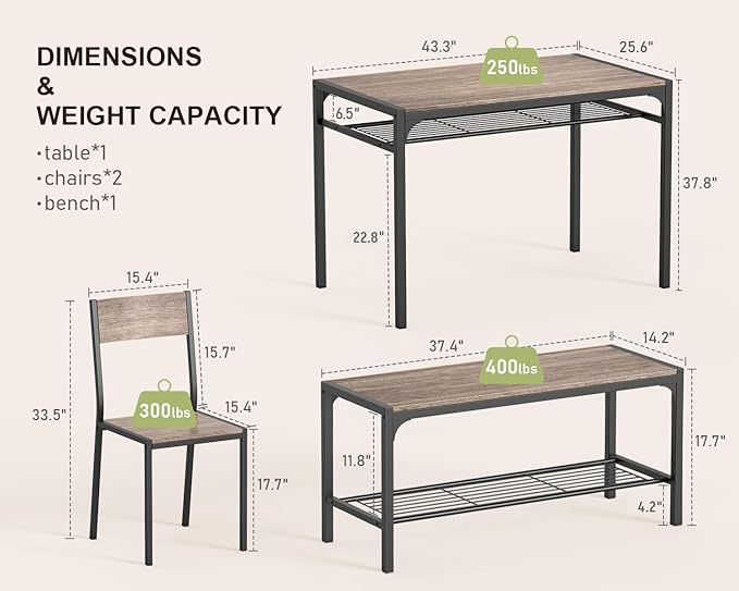 Gizoon Kitchen Table and 2 Chairs for 4 with Bench, 4 Piece Dining Table Set for Small Space, Apartment