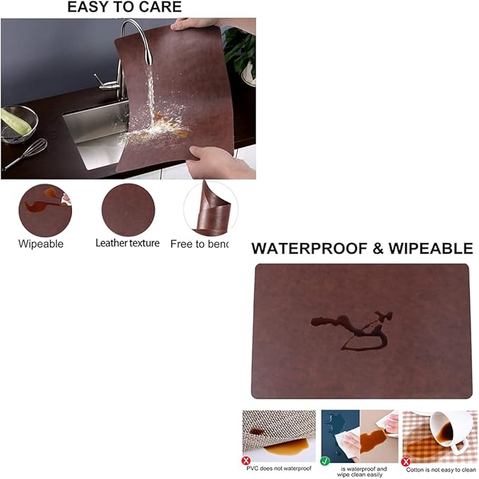 Faux Leather Placemats with Rounded Corners Set of 6,Waterproof&Wipeable Table Mats,Washable Heat-Resistant,Non-Slip for Kitchen and Kids(Brown,6)