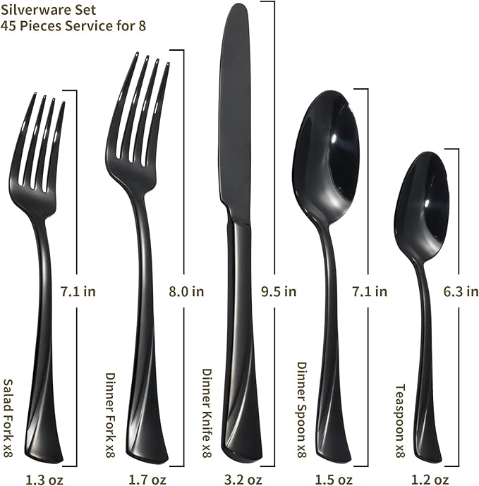 Alata Alice Black Mirror 45-Piece Silverware Set Stainless Steel Flatware Set,Service for 8,Mirror Polished Cutlery Set,Dishwasher Safe