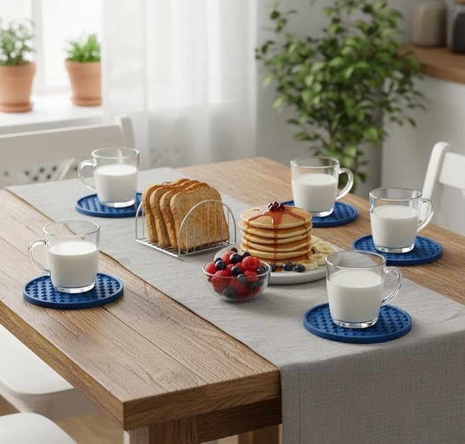 Set of 8 Silicone Coasters, 4'' Drink Coaster with Holder, Round Coasters for Drinks Beer Coffee Home Office Bar Desk Tabletop Protection, Non-Slip Rubber Coaster (Navy Blue, 8 Pcs-Metal Holder)