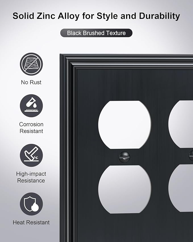 2-Pack Double Duplex Outlet Cover, Black Decorative Switch Plates and Outlet Covers for Electrical Outlets, Durable Zinc Alloy Wall Plates, 2 Gang Receptacle Cover, Corrosion Resistant