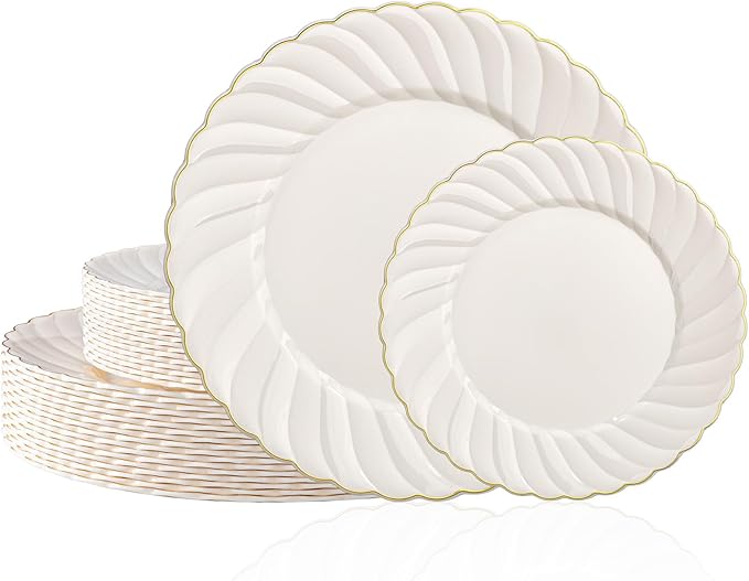 U-QE 60 Pcs Ivory Plastic Plates with Gold Trim – Scalloped Plate Disposable for Party - Elegant Plastic Plates Include 30 10.25" Dinner & 30 7.25" Dessert Plates for Party & Valentines Day