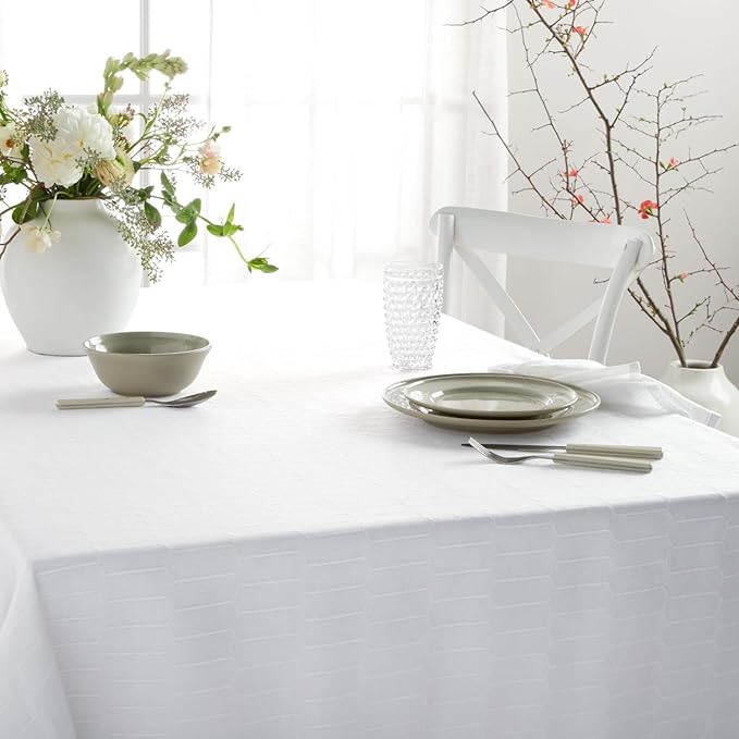 Martha Stewart Honeycomb Modern Farmhouse Polyester Cotton Rectangle Tablecloth, White, 60"x102"