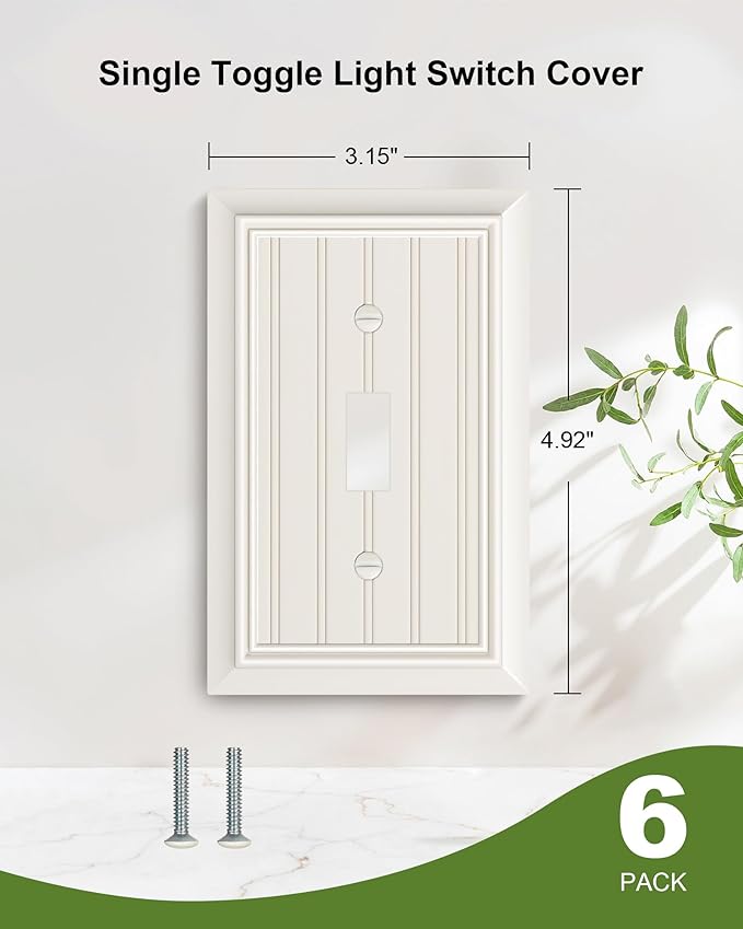 6-Pack Classic Beadboard Single Toggle Light Switch Cover Plate, Durable Natural Bamboo Fiber Decorative Switch Plate Covers, Light Almond 1 Gang Wall Plate