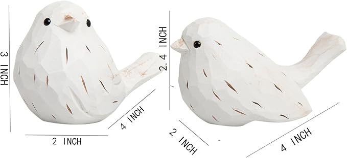 Handcrafted Farmhouse Bird Decor Figurines Set of 2 – Rustic White Carved Bird Statues for Home Decor, Cottage Chic Ornaments, Vintage Wood Sculptures, Spring Table Accents, Gift for Bird Lovers