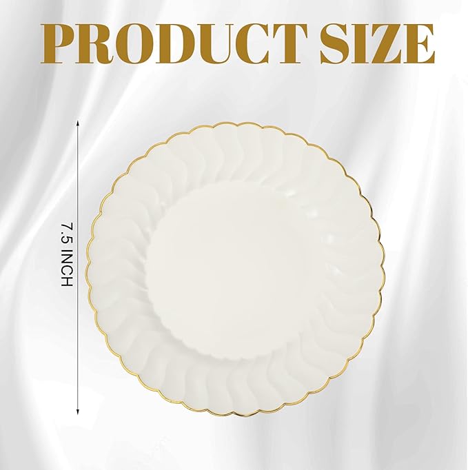 Mifoci 150 Pcs 7.5 Inch Ivory with Gold Rim Plastic Disposable Plates Bulk Salad Dessert Appetizer Cake Plates Elegant Fancy Plastic Tableware for Party Holiday, Wedding, Catering Table Decoration