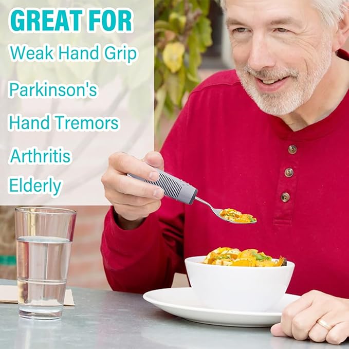 Adaptive Utensils 4pcs For Hand Tremors,Elderly, Arthritis,Parkinsons-Built Up Utensils For Adults 2.5oz Each, Silverware Set With Handle, Flatware Cutlery Set For Seniors