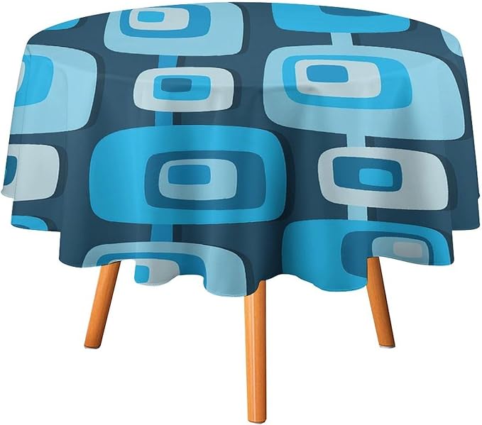 Mid Century Boho Round Tablecloth, Blue Mid Century Modern Art Abstract Geometric Pattern Retro Vintage Style Tablecloth for Home Party Dining Room Kitchen Decor 70Inch(178cm)