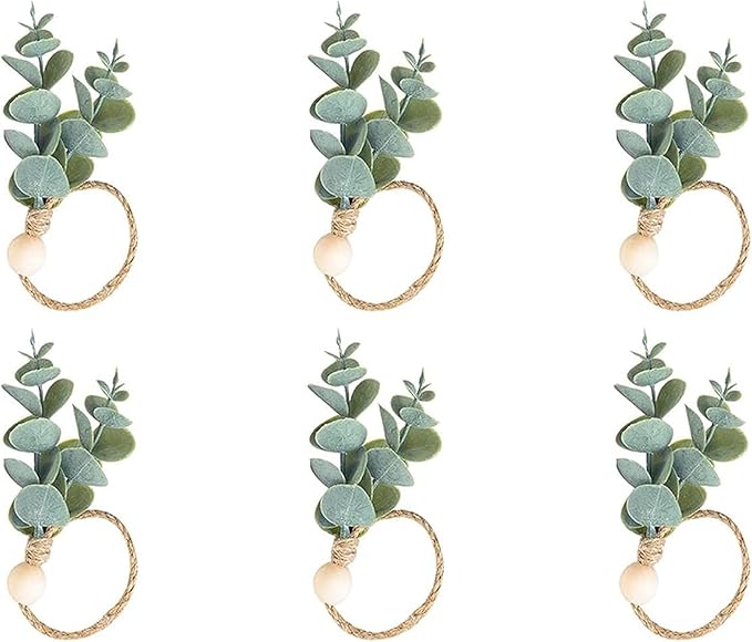 Defined Deco Napkin Rings Set of 6, Boho Green Leaf Napkin Rings for Spring Summer, Thanksgiving Christmas,