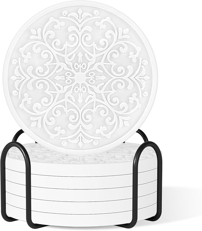 Drink Coasters, Coasters Set of 6 for Cup with Holder, Non-Slip Silicone Cup Mats for Hot and Cold Drinks, Cute Absorbent Coffee Bar Accessories Table Decor, White