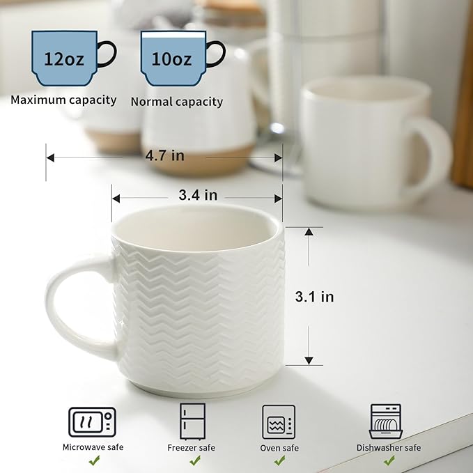 HASENSE Coffee Mugs 12 OZ Ceramic Cups Set of 4, Stackable Embossed Coffee Cups with Rack, Porcelain Coffee Cups for Latte, Cappuccino, Mocha, Cocoa, Americano, Hot Tea and Milk, White