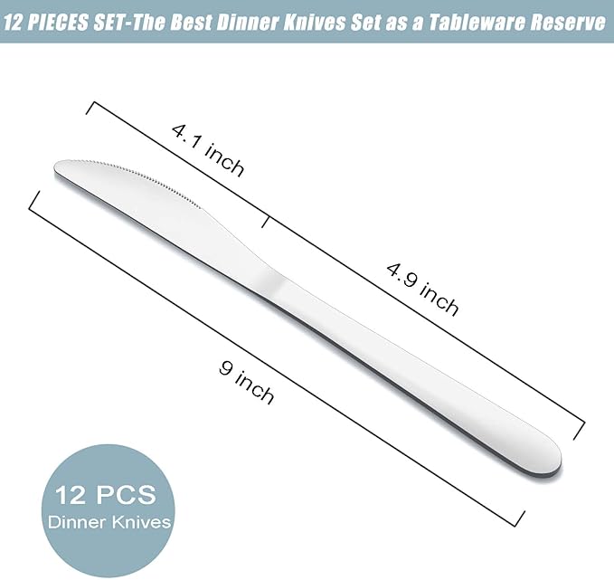 12-Piece Dinner Knives Set, Knife Set (9 Inches), Table Knife, Food Grade Stainless Steel Butter Knives, Knife Silverware for Home/Restaurant/Kitchen, Dishwasher Safe & Mirror Polished