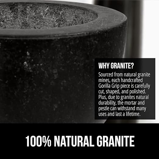 GORILLA GRIP Heavy Duty XL Mortar and Pestle Set with Slip Resistant Base, 4 Cup, 100% Granite Stone Molcajete Guacamole Bowl, Grind Seeds, Spices, Crush Garlic, Kitchen Muddler for Fresh Herbs, Black