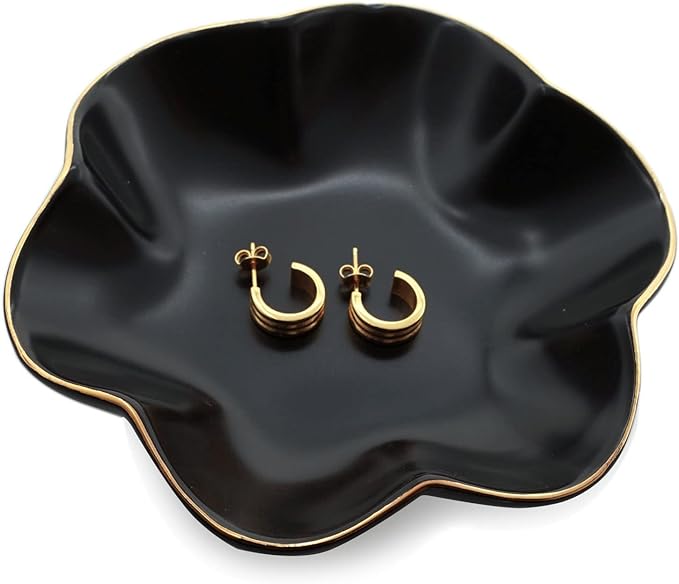 4.7 inch Small Ring Dish, Ceramic Jewelry Holder Tray, Black Catch All Trinket Bowl for Keys Rings Earrings