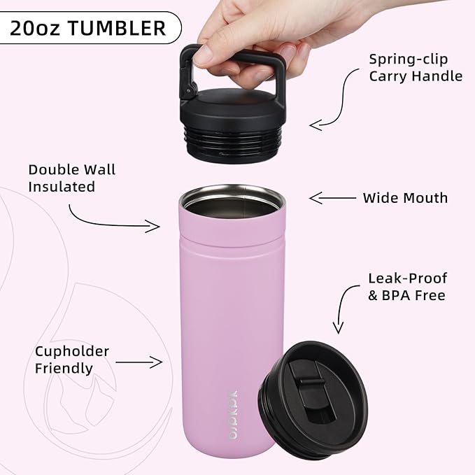 BJPKPK Insulated Water Bottle with 2 Lids,20 oz Double Wall Stainless Steel Vacuum Tumbler Travel Coffee Mug,Wide Mouth Thermal Cup,Light Pink