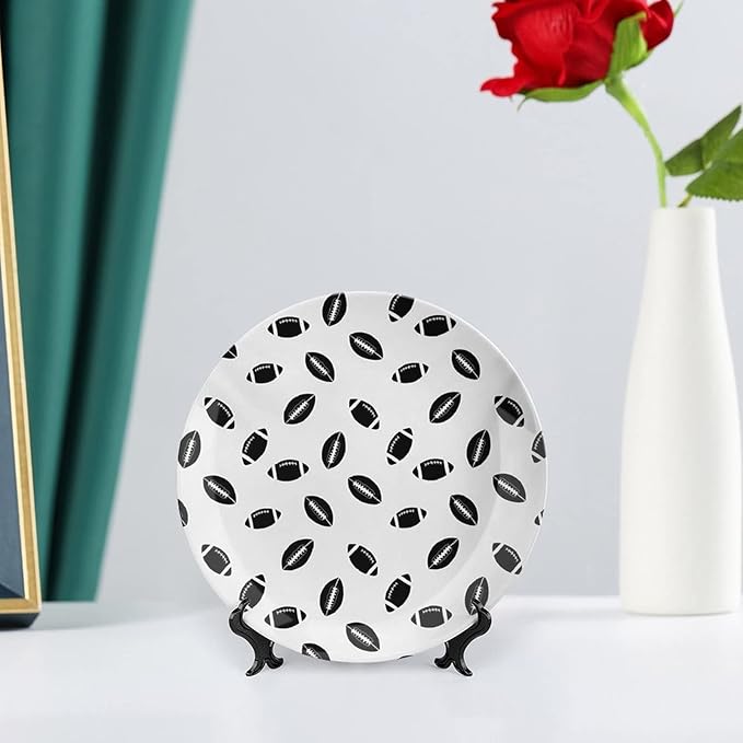 Ceramic Display Plate, American Football Ceramic Hanging Decorative Plate, Monochrome Pattern Black Rugby Balls Sports, 7 Inch, Living Room Kitchen Decoration Household, Black White